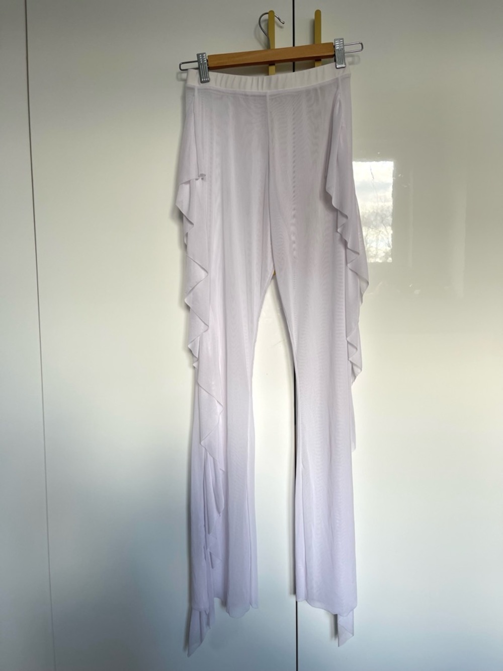 sheer mesh swimsuit cover-up pants with side ruffle small